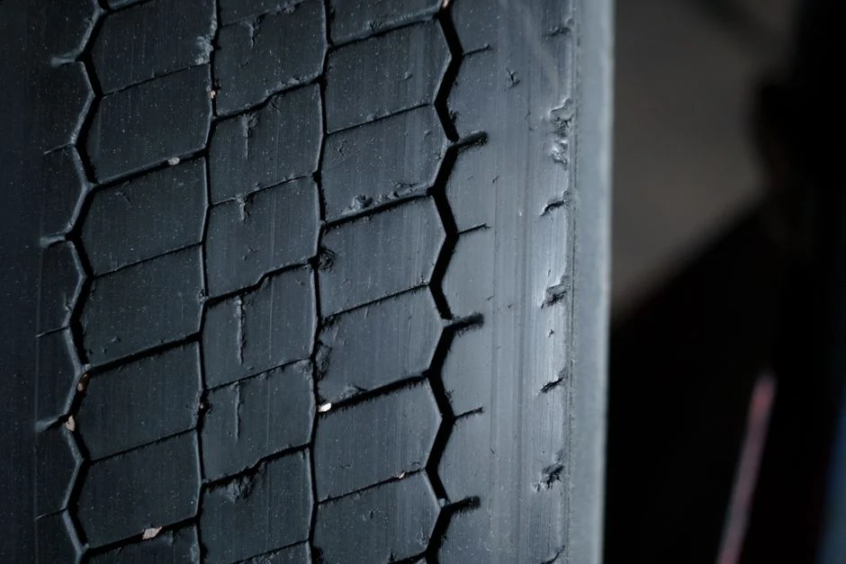 Close-up of worn tire tread showing grooves and wear patterns