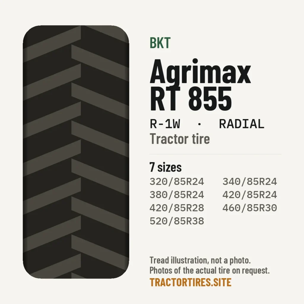 Illustration of the BKT Agrimax RT 855 tread pattern with available sizes