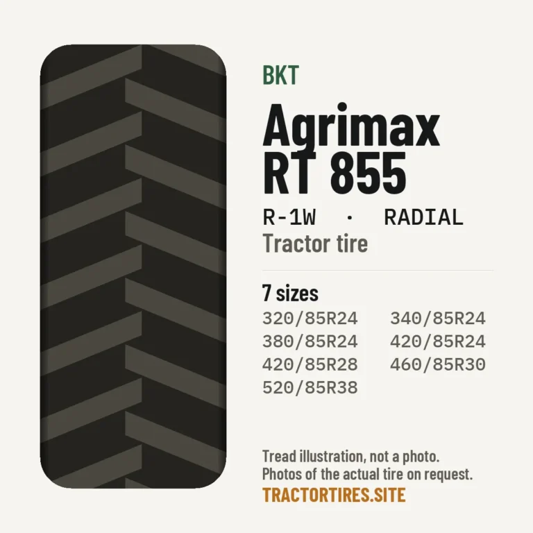 Illustration of the BKT Agrimax RT 855 tread pattern with available sizes