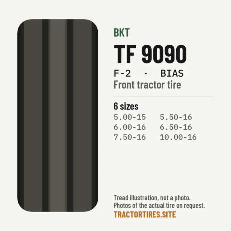 Illustration of the BKT TF 9090 tread pattern with available sizes