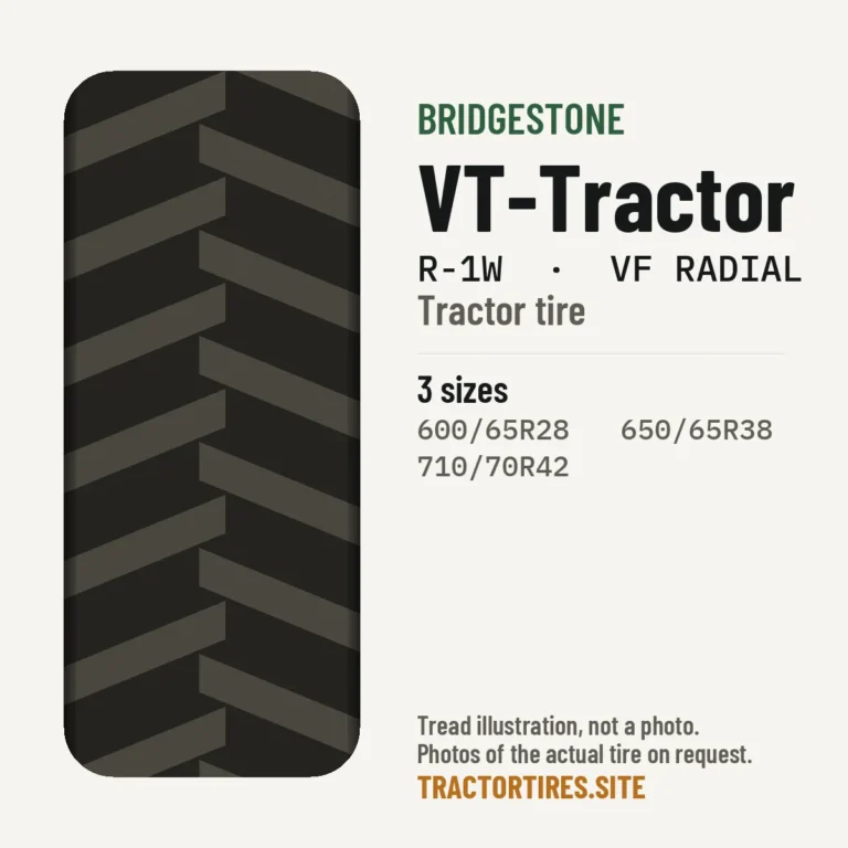 Illustration of the Bridgestone VT-Tractor tread pattern with available sizes