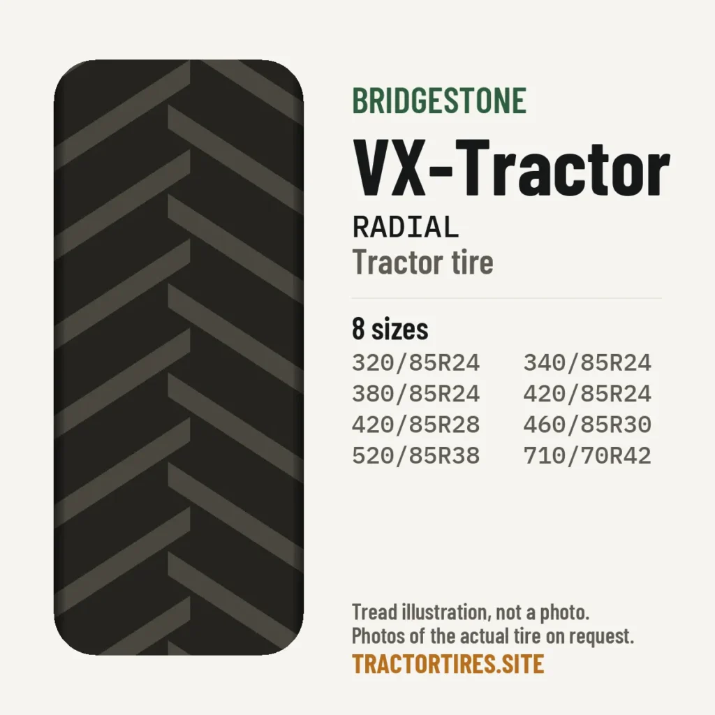 Illustration of the Bridgestone VX-Tractor tread pattern with available sizes