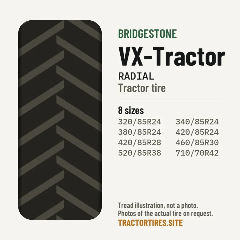 Illustration of the Bridgestone VX-Tractor tread pattern with available sizes