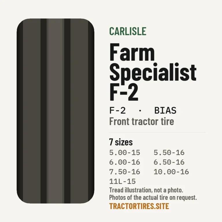 Illustration of the Carlisle Farm Specialist F-2 tread pattern with available sizes