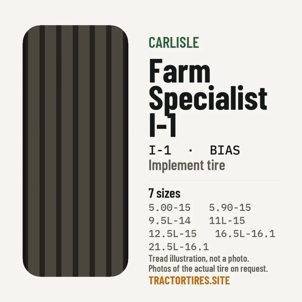 Illustration of the Carlisle Farm Specialist I-1 tread pattern with available sizes
