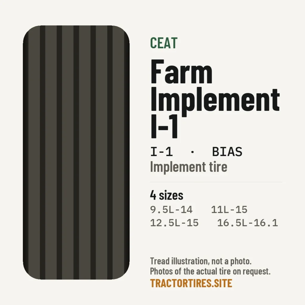 Illustration of the CEAT Farm Implement I-1 tread pattern with available sizes