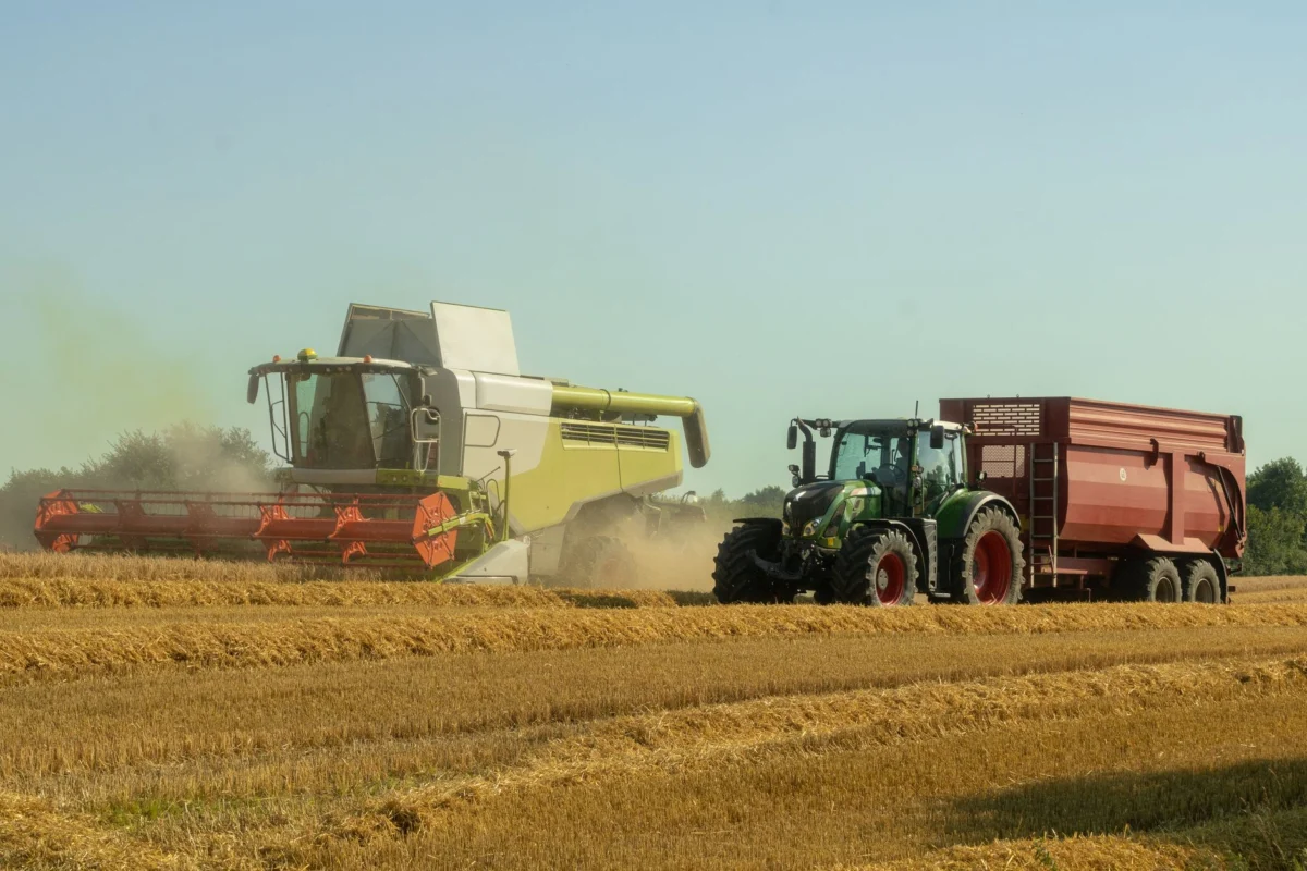 A combine harvester and tractor operate in a sunlit wheat field, capturing the essence of modern agriculture.