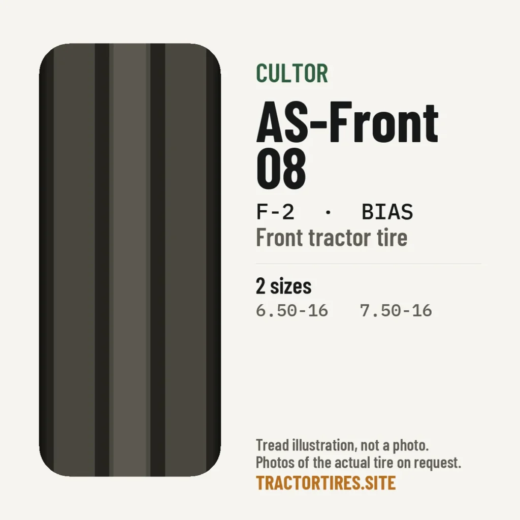 Illustration of the Cultor AS-Front 08 tread pattern with available sizes