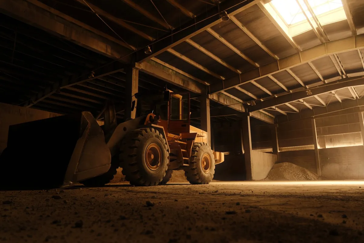 An empty industrial warehouse with heavy machinery, illuminated by natural light.