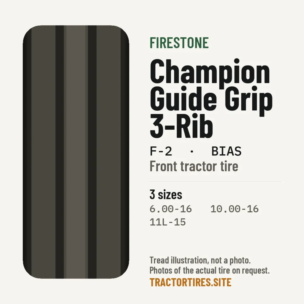 Illustration of the Firestone Champion Guide Grip 3-Rib tread pattern with available sizes