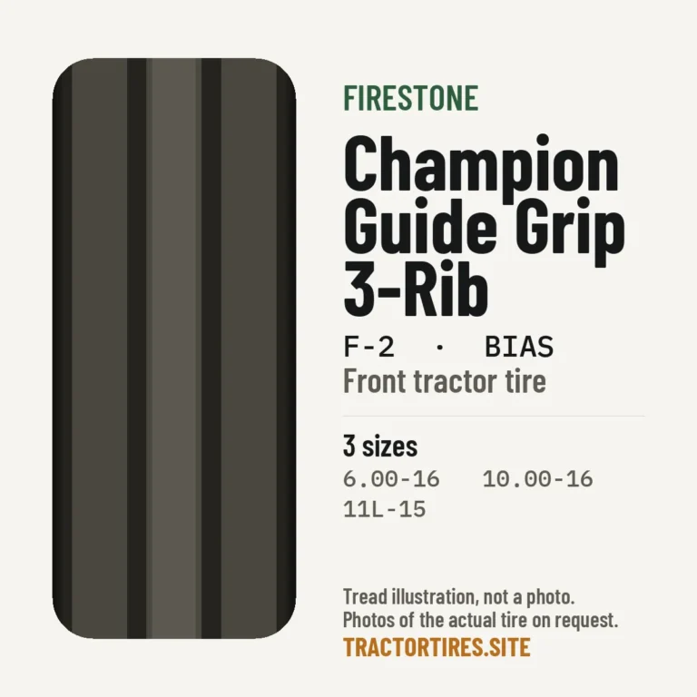 Illustration of the Firestone Champion Guide Grip 3-Rib tread pattern with available sizes