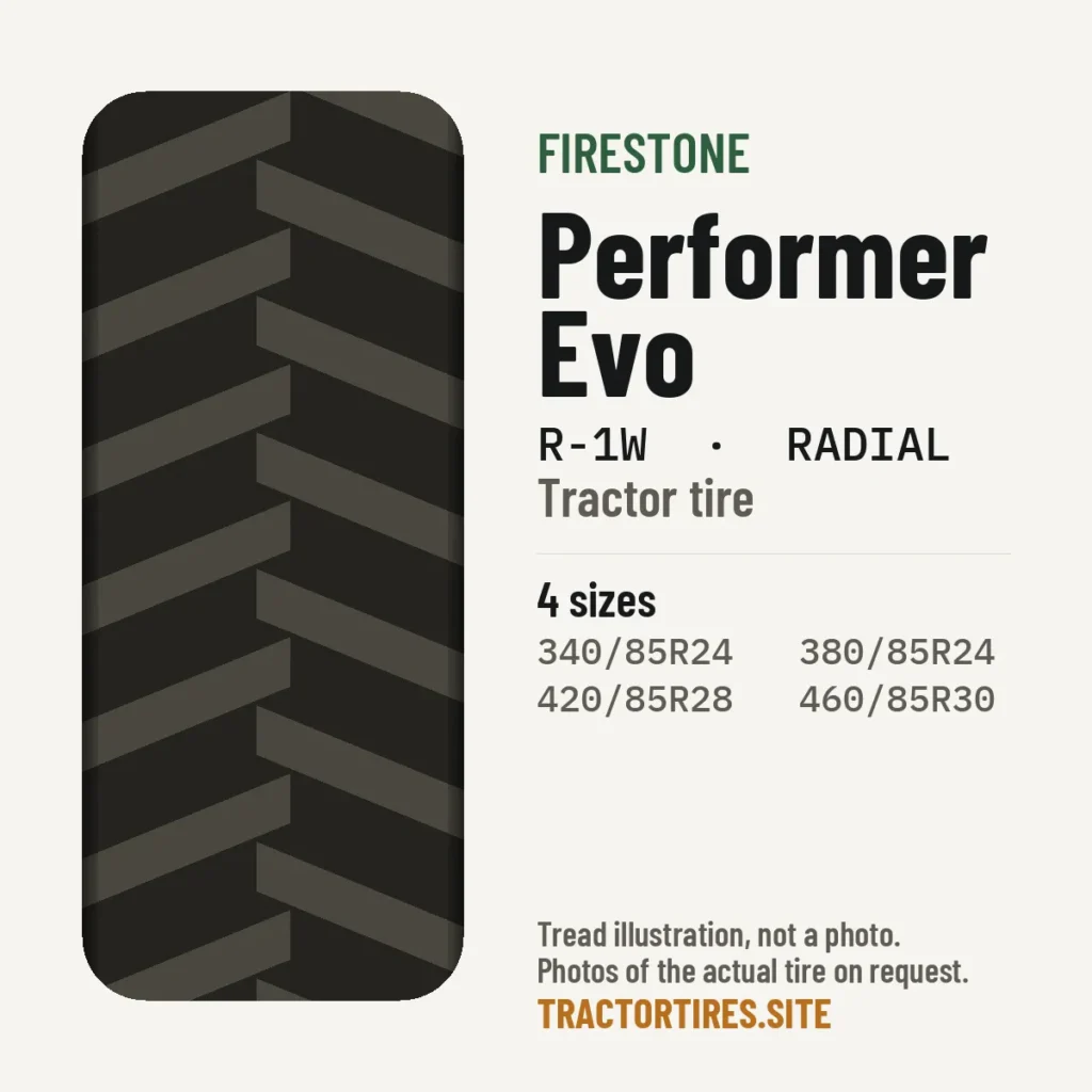 Illustration of the Firestone Performer Evo tread pattern with available sizes