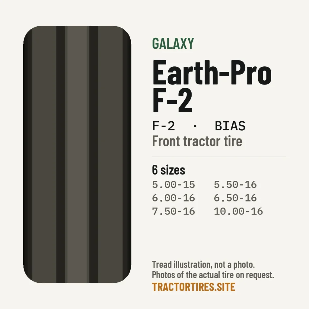 Illustration of the Galaxy Earth-Pro F-2 tread pattern with available sizes