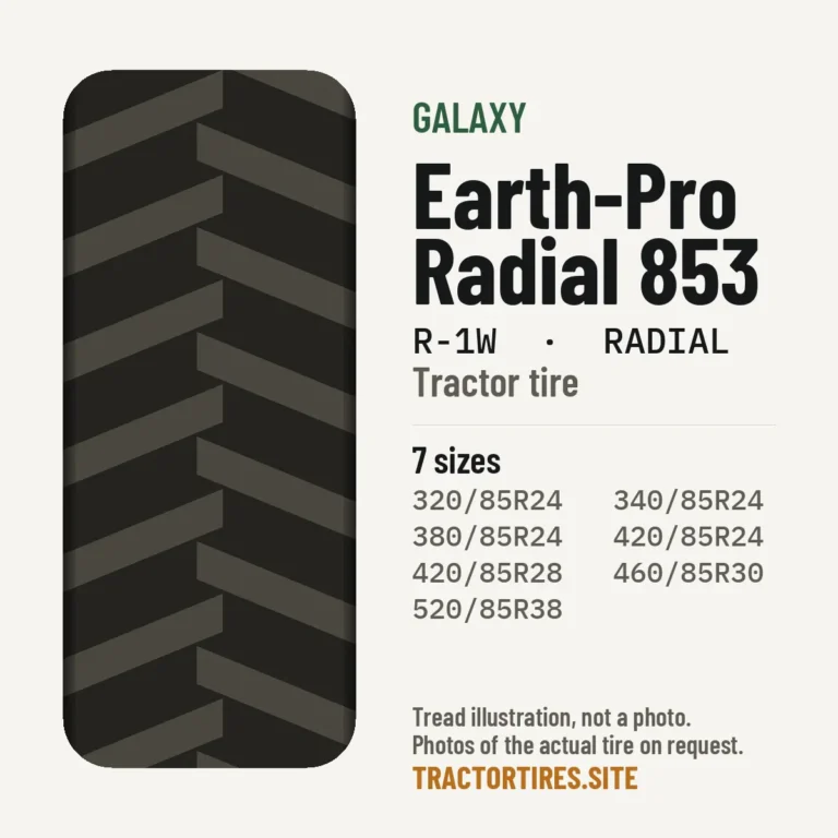 Illustration of the Galaxy Earth-Pro Radial 853 tread pattern with available sizes