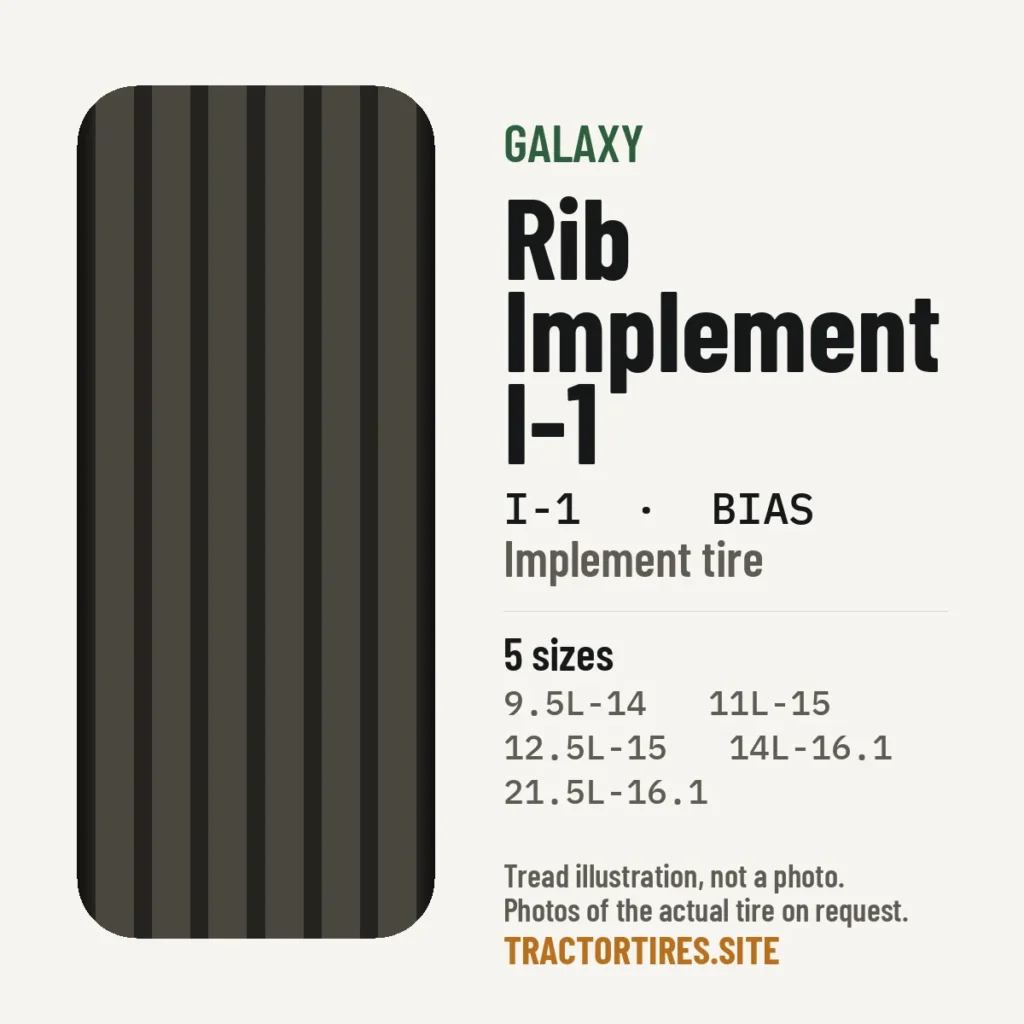 Illustration of the Galaxy Rib Implement I-1 tread pattern with available sizes