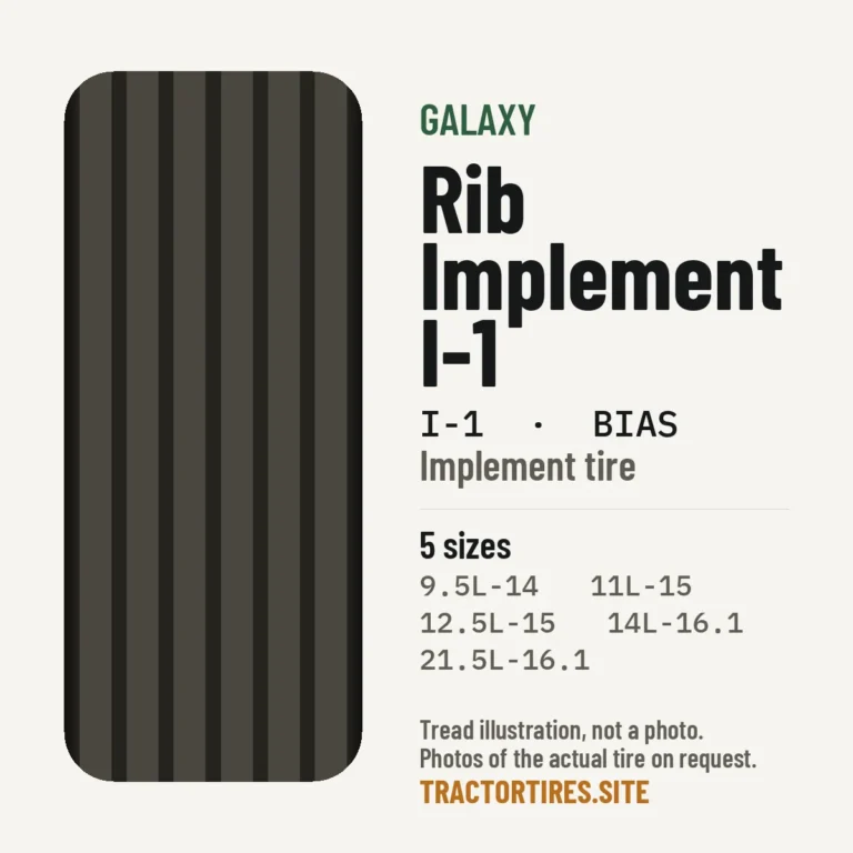 Illustration of the Galaxy Rib Implement I-1 tread pattern with available sizes