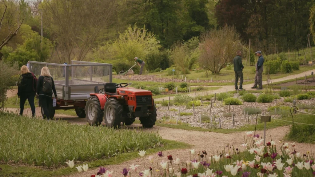 Tractor parked in a spring garden