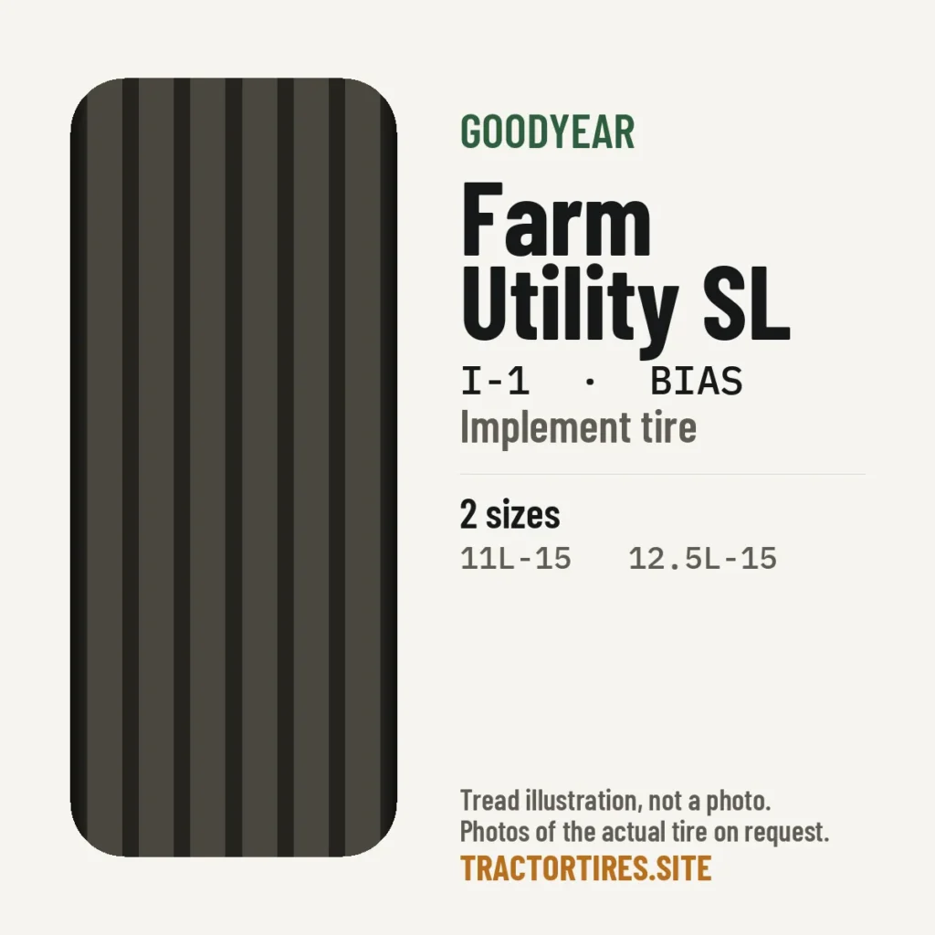 Illustration of the Goodyear Farm Utility SL tread pattern with available sizes