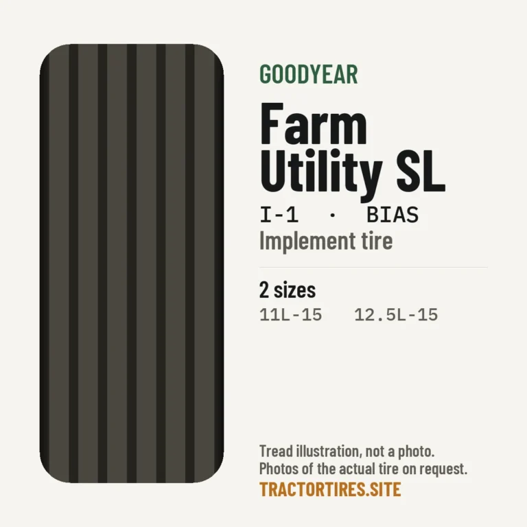 Illustration of the Goodyear Farm Utility SL tread pattern with available sizes
