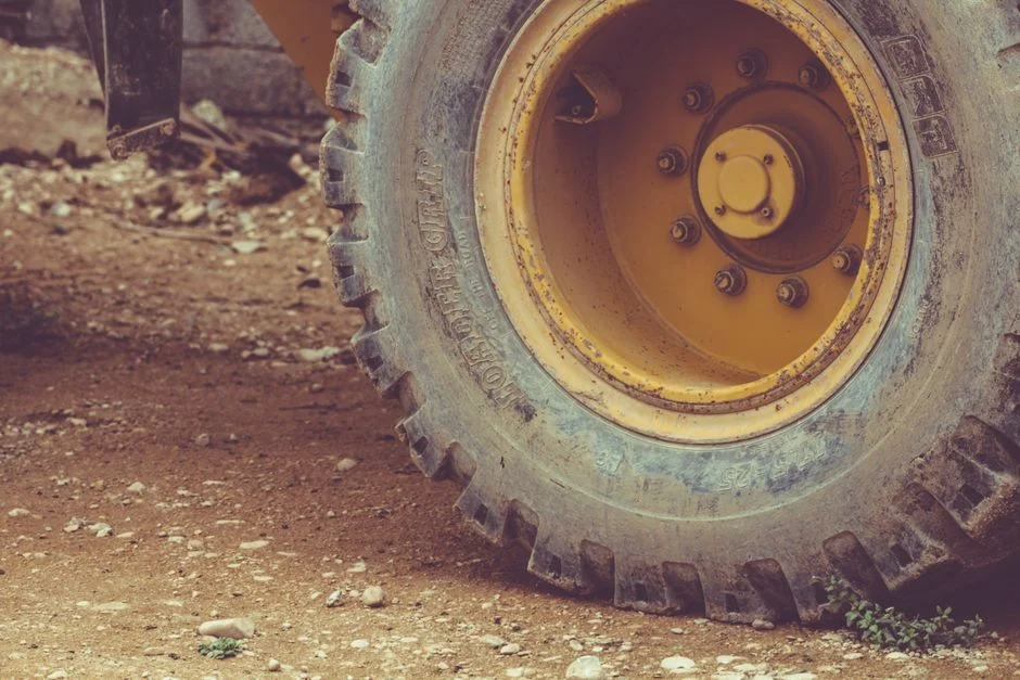 Big Tractor Tires: How Big They Get, What They Fit and Cost Heavy equipment tire on a dirt road in Salalah, Oman, showcasing rugged machinery