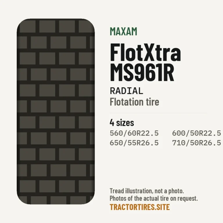 Illustration of the Maxam FlotXtra MS961R tread pattern with available sizes