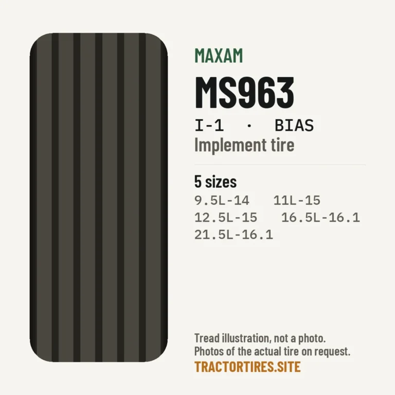 Illustration of the Maxam MS963 tread pattern with available sizes