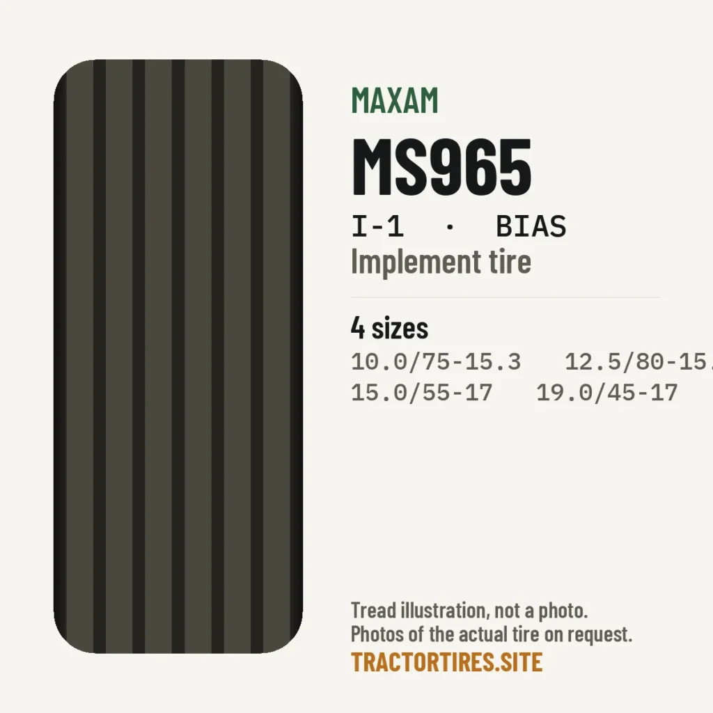 Illustration of the Maxam MS965 tread pattern with available sizes