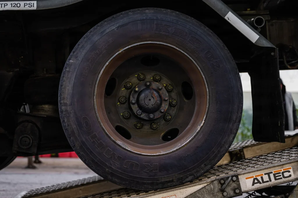 Close-up of a truck tire on a steel wheel