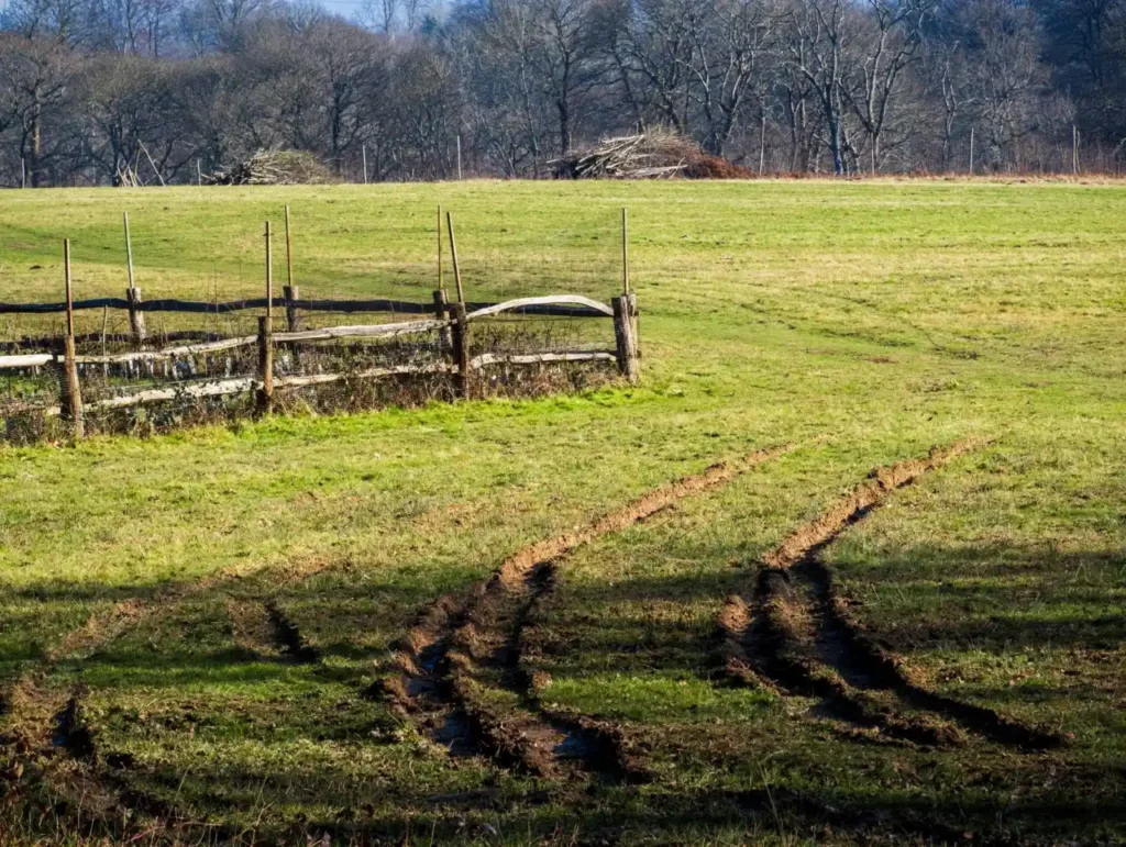 Farm field with fencing and muddy tractor tracks under a clear sky