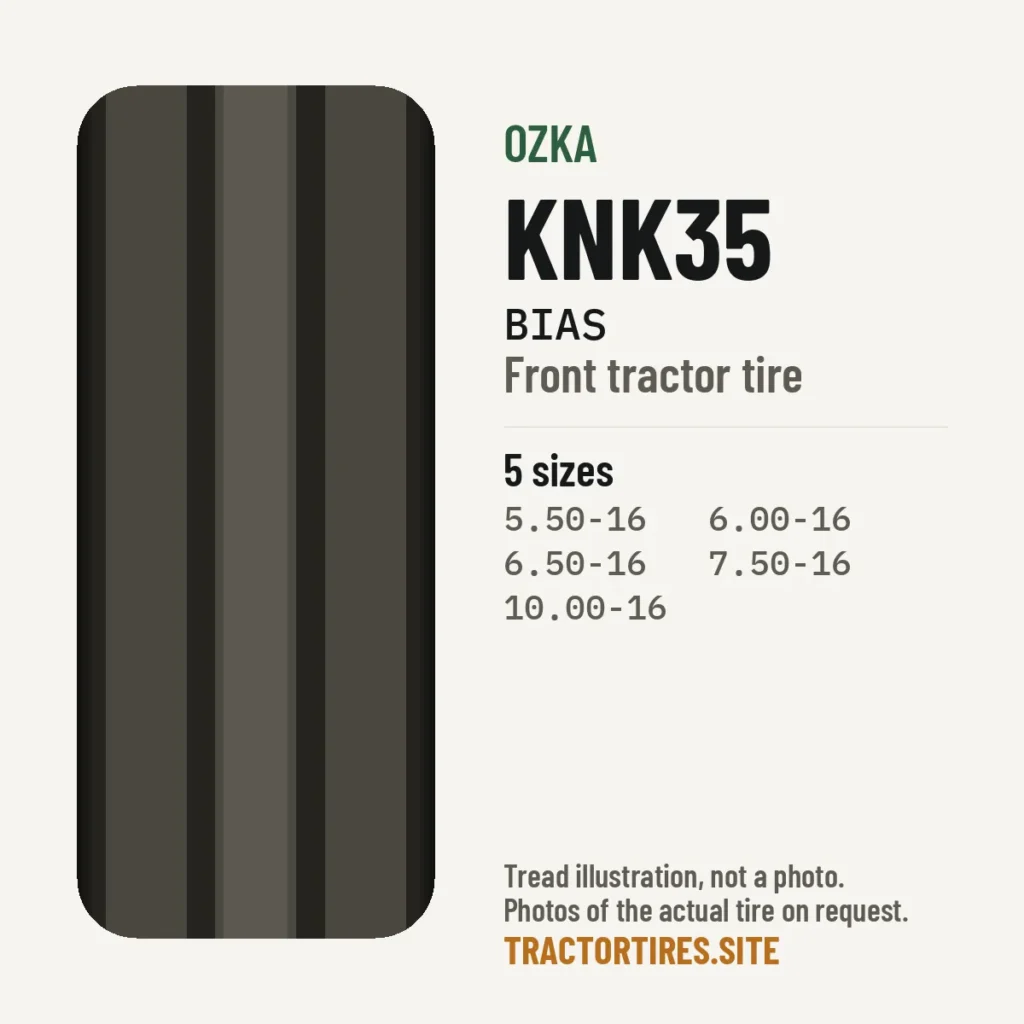 Illustration of the Ozka KNK35 tread pattern with available sizes