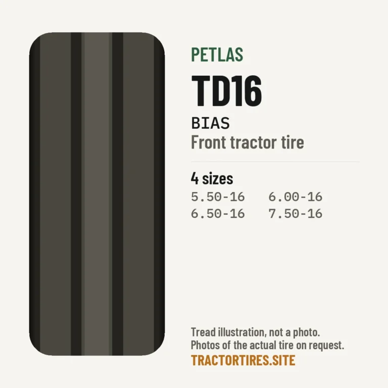 Illustration of the Petlas TD16 tread pattern with available sizes
