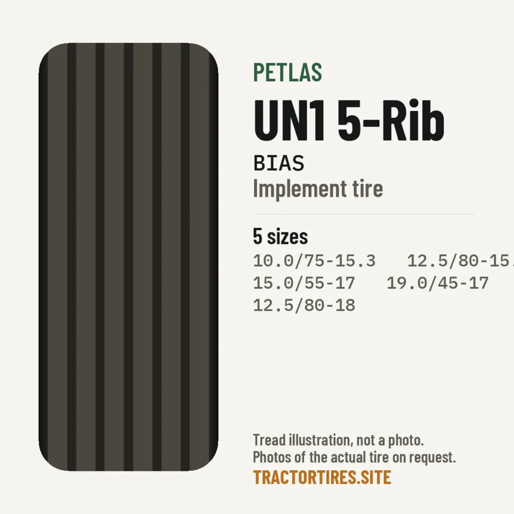 Illustration of the Petlas UN1 5-Rib tread pattern with available sizes