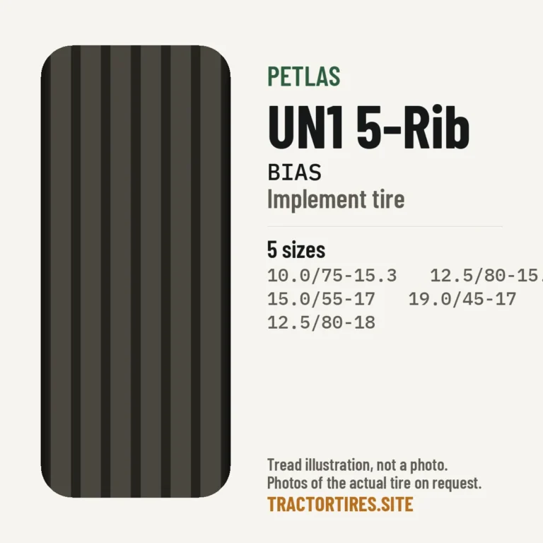 Illustration of the Petlas UN1 5-Rib tread pattern with available sizes