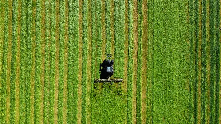 Aerial shot of a tractor creating patterns on lush green farmland under a clear sky