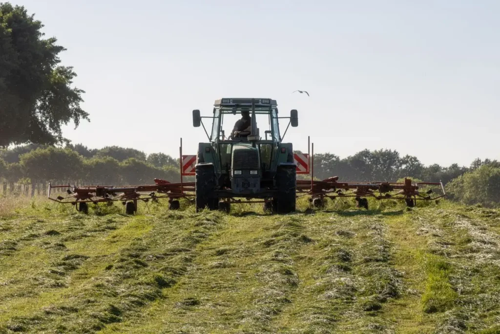 Tractor Tire Size Guide: How to Read Every Number on the Sidewall Tractor raking hay in a field