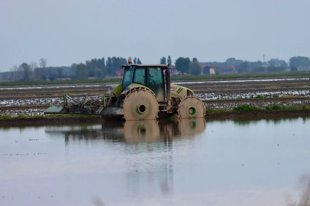 Tractor reflected in the water of a flooded paddy field