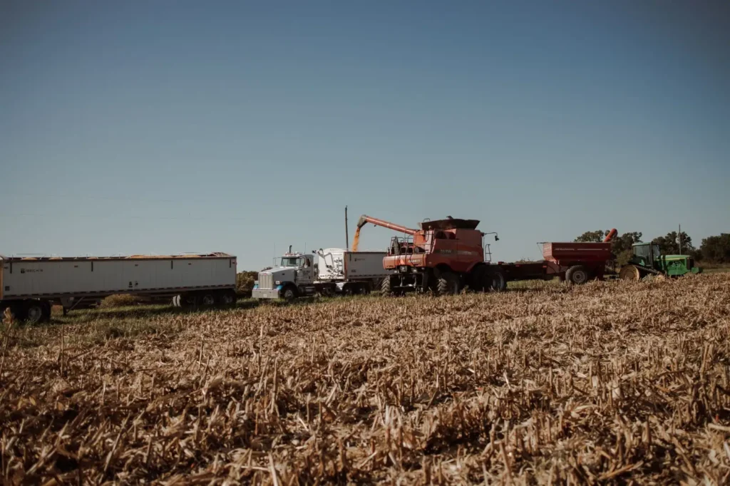 Firestone Tractor Tires: Who Makes Them and Which Line Fits Tractors and harvesters working in a sunlit field during harvest season
