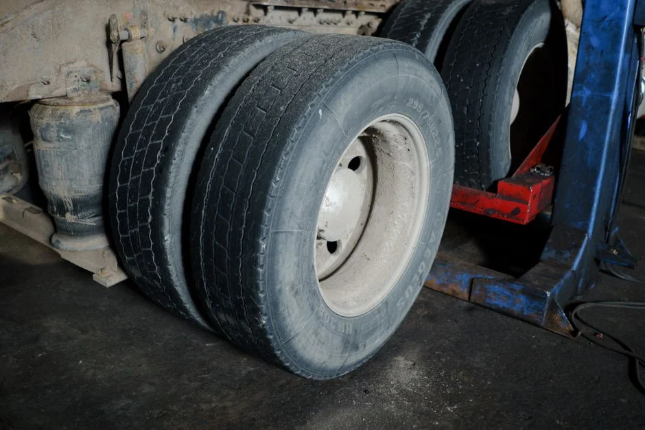 Truck tires in a garage waiting for maintenance