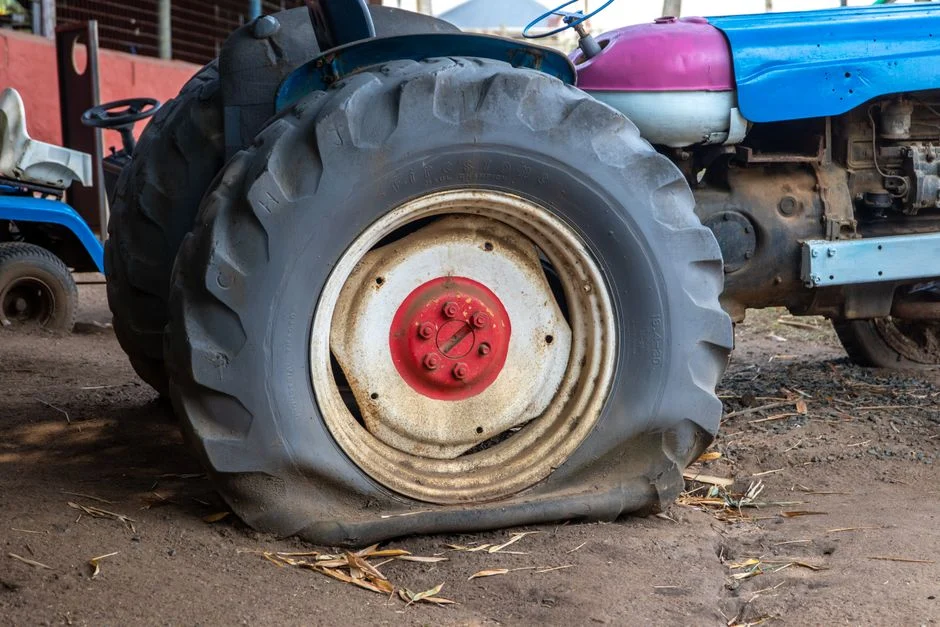Close-up of an old tractor with a flat tire in a rustic barn, showing wear and time effects