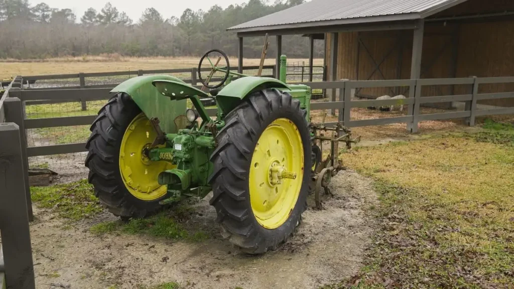 Tractor Tire Size Guide: How to Read Every Number on the Sidewall Vintage green tractor with bias-ply rear tires beside a barn